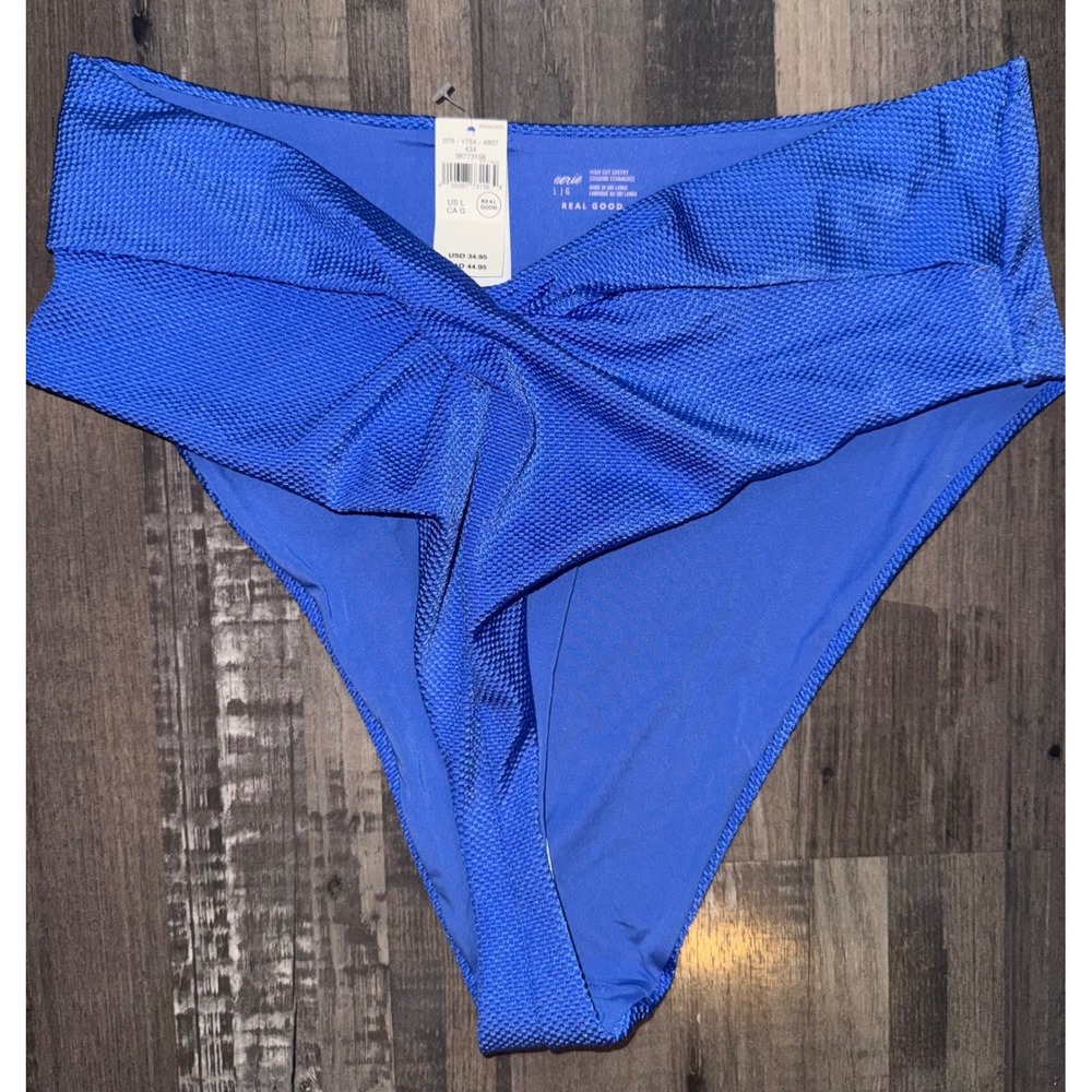 NWT Aerie Blue Textured High Cut Cheeky Bikini Bottom Crossover V-Front Large